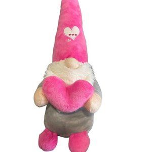 16" Tall Heart Plush Gnome with Heart Pink Grey White Hat Hearts Fuzzy EUC Clean